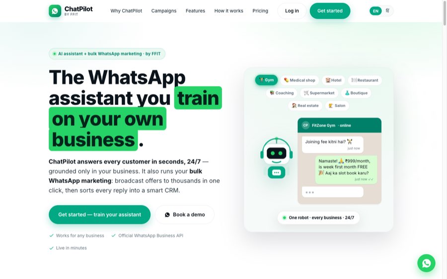 ChatPilot WhatsApp AI assistant trained on your business